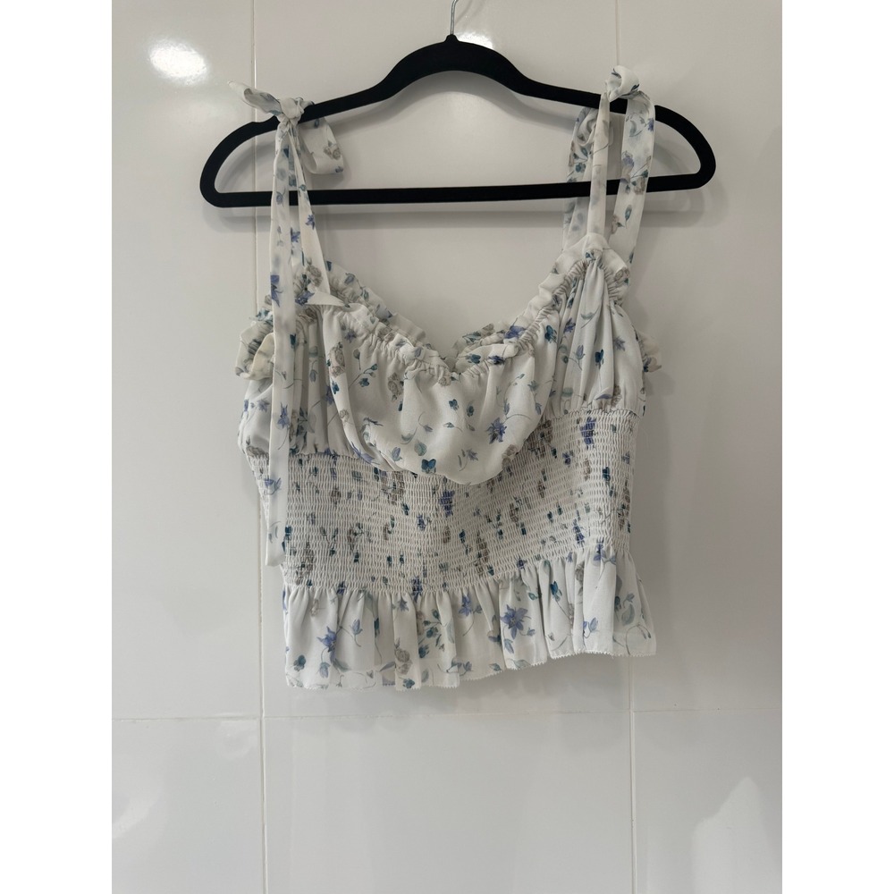 Aritzia Wilfred Ballad Camisole Size L Blue Floral Smocked Tie Strap Crop Top